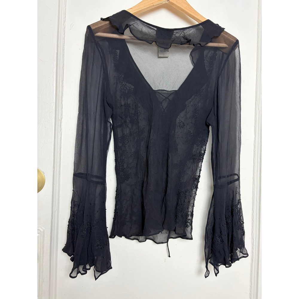 ICE Silk Beaded Blouse Black Sheer Ruffle Lace Up Bell Sleeve Vintage Style PS - Picture 6 of 6